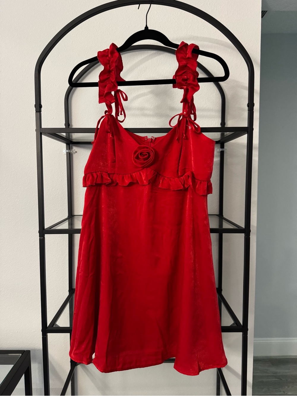 Red Ruffle Strap Dress with Rosette
